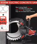 9500W Electric Concrete Saw with 16in Toroidal Blade for cutting steel and concrete with water feed system.