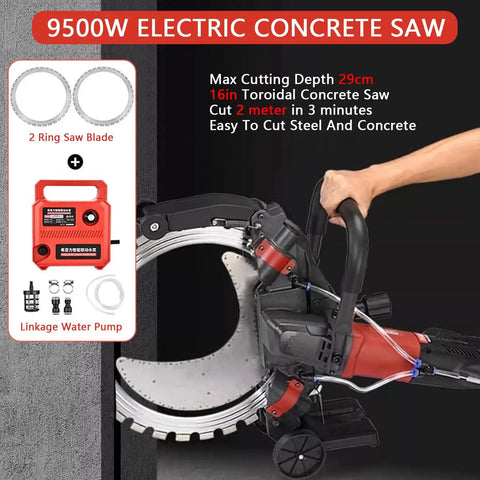 9500W Electric Concrete Saw with 16in Toroidal Blade for cutting steel and concrete with water feed system.