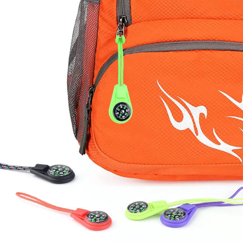 Kids Mini Compass Keychain Pack, 10 Pieces, Paracord Survival Compasses For Scouts And Hikers, colorful compasses on backpack