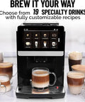 Fully Automatic Espresso Machine With Built In Grinder And Milk Foam 19 Customizable Coffee Options front view with drinks