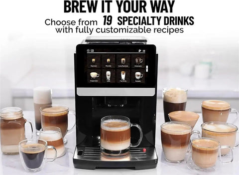 Fully Automatic Espresso Machine With Built In Grinder And Milk Foam 19 Customizable Coffee Options front view with drinks