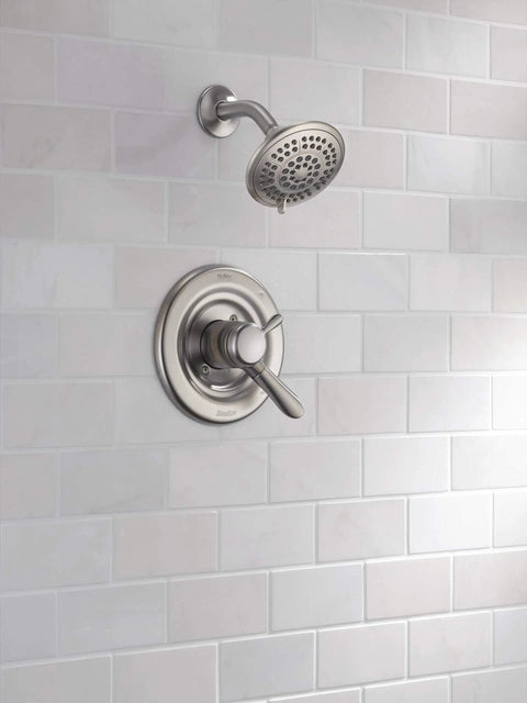 Lahara 17 Series Dual Function Shower Trim Kit With 5 Spray Touch Clean Shower Head Stainless Finish T17238-SS on tiled wall