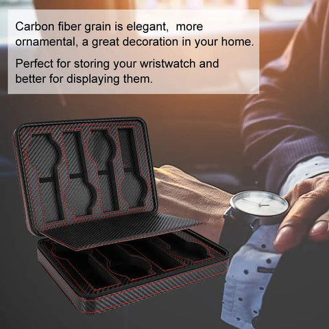 Solid Eight Grid Wristwatch Storage Box Built Tough With Heavy Duty Carbon Pu Leather And Adjustable Splitter Plate for display on a desk.