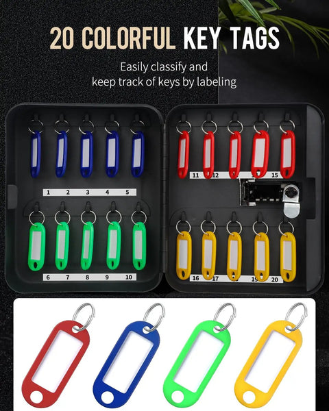 Heavy Duty Steel Key Wall Cabinet With Twenty Spaced Out Hooks And Three Digit Combo Lock Keep Your Spare Keys Safe And Sound For Home Office Or Rental Property Indoors Black with color-coded key tags.