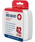 Front view of a white plastic To-Go First Aid Kit with a red lid; 42 items.