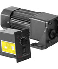 250W variable-speed gear motor with gearbox and mounting bracket, black metal housing, attached control box with dial