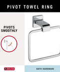 Polished Chrome Square Towel Ring For Kitchen And Bathroom Durable Zinc Hardware That Keeps Towels Hanging Neatly Corrosion Resistant Finish Easy Mount Sleek Modern Bath Accessory shown with pivot feature in box.