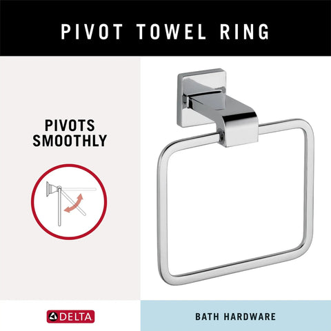 Polished Chrome Square Towel Ring For Kitchen And Bathroom Durable Zinc Hardware That Keeps Towels Hanging Neatly Corrosion Resistant Finish Easy Mount Sleek Modern Bath Accessory shown with pivot feature in box.