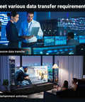 Tech professionals working with laptops and monitors in a data center; people watching movie on TV in living room.