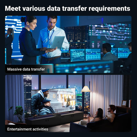 Tech professionals working with laptops and monitors in a data center; people watching movie on TV in living room.