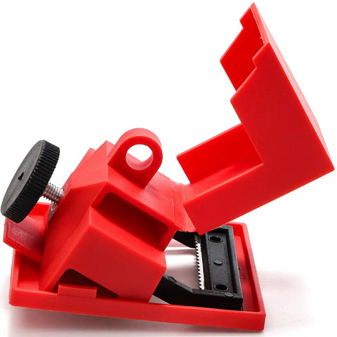 Side view of Six Pack Clamp On Circuit Breaker Lockout Device Set For 480 To 600 Volt Breakers Universal Large Size Fits Single Pole And Multi Pole Toggles OSHA Compliant, red plastic material