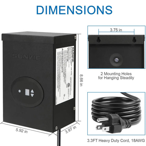 300W Low Voltage Landscape Lighting Transformer With Timer And Photocell dimensions and 3.3ft heavy duty cord, IP65 waterproof