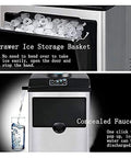 No Fuss Chill Ready Countertop Ice Maker Portable Electric Ice Cube Machine With Self Cleaning Feature Fast 25 KG Daily Output showing ice storage basket and concealed faucet.