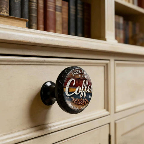 4 Pack Fresh Brewed Coffee Cabinet Knobs Acrylic Round Drawer Pulls For Dresser Cupboard Doors Handles Open Daily Self Serve Cafe Vibe Coffee Bar Decor Accent on beige drawer