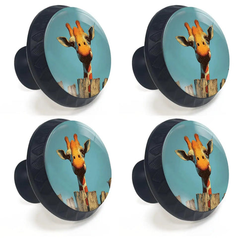 Giraffe Peeking Over Fence Kitchen Cabinet Knobs Four Pack Round Drawer Pulls For Dresser Cupboard Doors, four knobs displayed