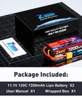 3S 7200mAh LiPo Battery 11.1V 120C Hard Case With XT90 Connector package including batteries and manual