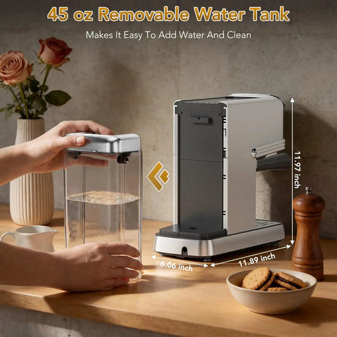 45 oz removable water tank for No Fuss Barista Style Shots At Home With This Compact Stainless Steel Espresso Maker.