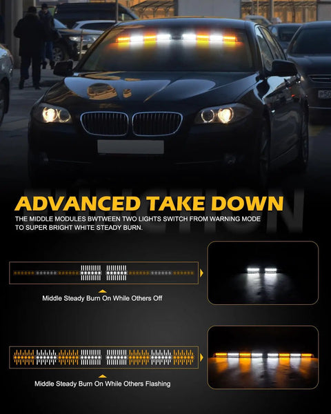 Car with Emergency Dash Strobe Lights Bar With 48 LED High Brightness Amber White Take Down for enhanced visibility.