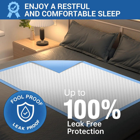 Extra Large Disposable Bed Pads 40x60 Big Oversized Underpads With Rock Solid Absorbent Core on a bed for leak proof protection.