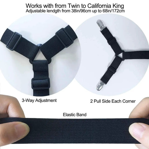 Bed Sheet Straps Adjustable Clips Stay Put Sheets On Your Bed With Durable Non Slip Fasteners, close-up of black straps