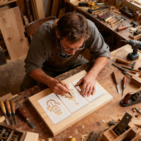 Craftsman using Top Shelf Acrylic Router Template Kit For Woodworkers with festive designs on a wood project.