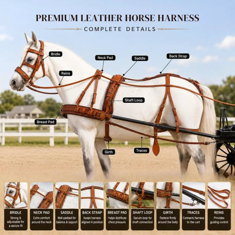 Diagram of Three Tone Leather Horse Driving Harness For Single Horse Cart With Designer Conchos All Over Stainless Steel Hardware Shetland Size Natural Brown Red Finish