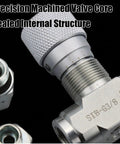 Close-up of Drop In Hydraulic Speed Control Valve For Mini Excavators And Small Hydraulic Systems Sealed Internal Structure Direct Replacement With Three Eighths Inch L08 Metric Thread And M14 Fittings, showing precision machined valve core.