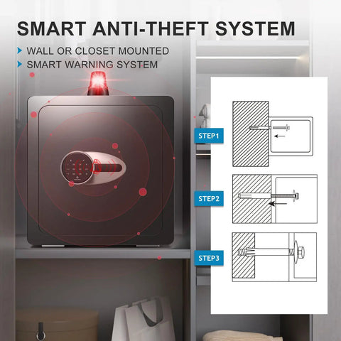 Compact Fireproof Safe Box For Home Use 0.8 Cu Ft Small Safe With Waterproof Build shown with anti-theft system and mounting steps