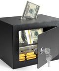 Small Safe Box With Key Lock And Coin Slot For Cash Jewelry And Coins Beefy Steel Security Deposit Box for home or office, open view.