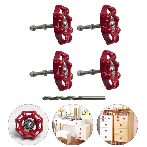 4 Pack Vintage Iron Valve Cabinet Knobs And Pulls With Drill Bit, unique disc-shaped handles in red, displayed with furniture