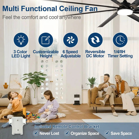 Living room with Giant 100 Inch Outdoor Ceiling Fan With Light Workhorse Industrial Ceiling Fan, family seating below.