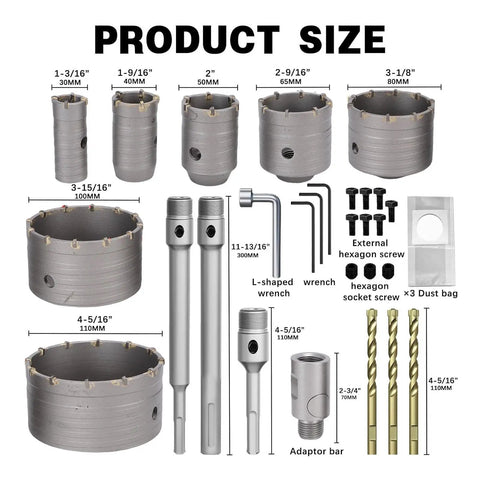 Heavy Duty Concrete Hole Saw Kit With 7 Tungsten Steel Masonry Drill Bits For Stone Brick And Cement Wall Drilling, 30-110mm sizes