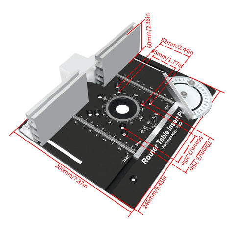 Built Tough Anodized Aluminum Router Insert Plate With Dead On Miter Grooves and Pro Level Woodworking Flip Board, detailed measurements.