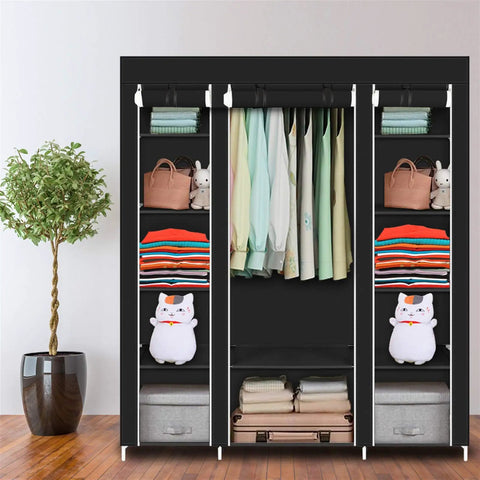 69 Inch Portable Clothes Closet With Industrial Strength Steel Frame And Thick Nonwoven Fabric Cover Quick No Sweat Setup Hella Roomy Multi Shelf Wardrobe Storage Organizer For Shoes And Hanging Apparel Black with hanging clothes and shelves.