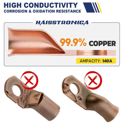 Heavy Duty Beefed Up Tinned Copper Battery Lugs Set For 4 AWG Wire Ends With Five Sixteenth Inch Ring Terminals And Ten Pieces Three To One Adhesive Heat Shrink Tubing Durable Cable Ends Kit highlighting 99.9% copper conductivity and ampacity 140A