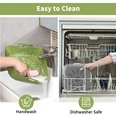 Green and gray 2 Pack 9 Inch Square Silicone Air Fryer Liners for 6 Qt to 9 Qt being handwashed and in dishwasher