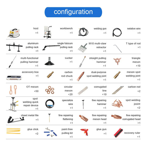 Spot Weld Dent Puller Machine For Auto Body Repair equipment and accessories detailed configuration chart