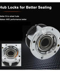 Closeup of mechanical locking hub for Suzuki rig, showcasing smooth rotation and tough construction for rough terrain.