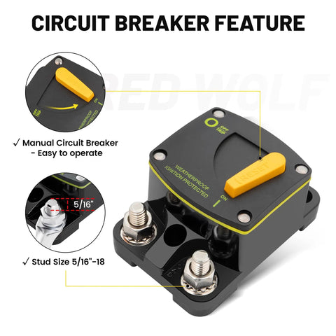 Beefy 300A DC Circuit Breaker Switch Manual Reset For 12-24V Systems with 5/16 Inch to M8 Stud features highlighted
