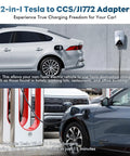Plug And Go Tesla To Ccs And J1772 Charging Adapter With 250Kw Fast Current Smart Lock Switch No Screw Ups Connector Mismatch For Superchargers And Parking Lots, showing use in urban charging locations.