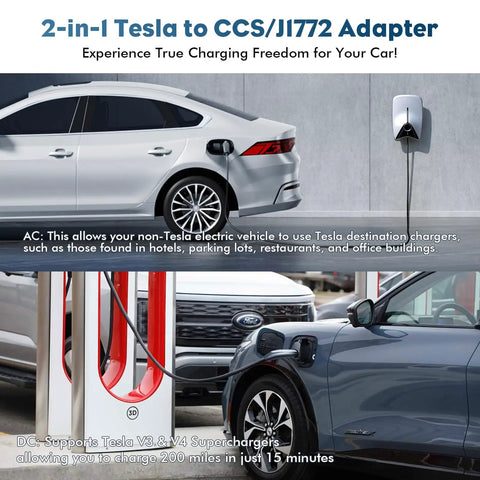 Plug And Go Tesla To Ccs And J1772 Charging Adapter With 250Kw Fast Current Smart Lock Switch No Screw Ups Connector Mismatch For Superchargers And Parking Lots, showing use in urban charging locations.