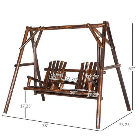 Wooden Porch Swing With Stand Two Seat Patio Swing Chair With Center Table For Garden Poolside Backyard Outdoor Adirondack Rustic Fir Log Design With Carbonized Finish