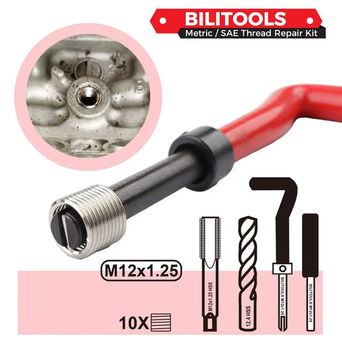 M12x1.25 Thread Repair Kit For Damaged Threads HSS Drill Helicoil Repair Kit Metric Insert Set with tools and inserts.