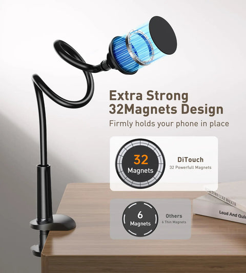 Magnetic Gooseneck Phone Holder Mount for iPhone 17 16 15 14 13 12 with 360 Degree Rotation, clamped to wooden desk