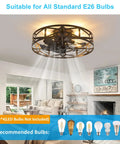 Smooth Operator Flush Mount Ceiling Fan with Remote and Six Speeds in Matte Black, vintage caged design in modern living room.