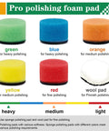 Colorful pro polishing foam pads in green, blue, orange, yellow, red, and wool for various polishing needs.