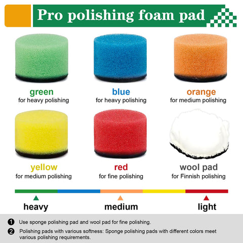 Colorful pro polishing foam pads in green, blue, orange, yellow, red, and wool for various polishing needs.