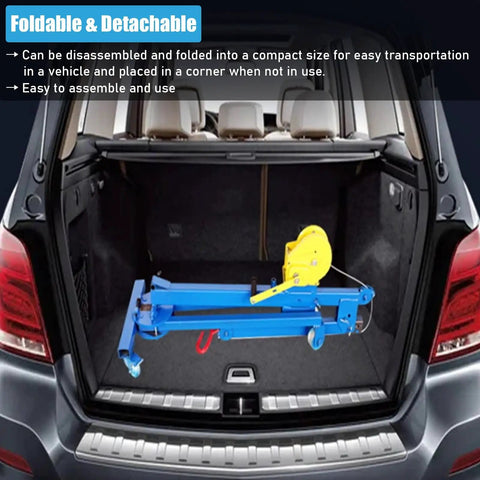 Heavy Duty Portable Hoist Stand Foldable Workshop Engine Crane With Two Way Self Locking Winch in car trunk, compact size for transport