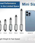 Dope Mini Electric Linear Actuator 1.2 Inch Stroke, 4.5 Lb Thrust, 12V DC next to iPhone for size comparison