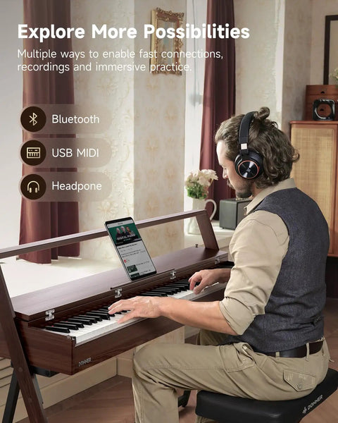 Man playing 88 Key Weighted Keyboard Piano With Graded Hammer Action For Home Studio Bluetooth Connectivity 256 Polyphony